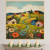 Charming Folk Art Canvas – Winding Path Through Colorful Cottages and Wildflowers on Sunny Hills on Ready to Hang 1.5" Thick Canvas Wrap, Floating Framed Canvas, Flat Rolled Canvas